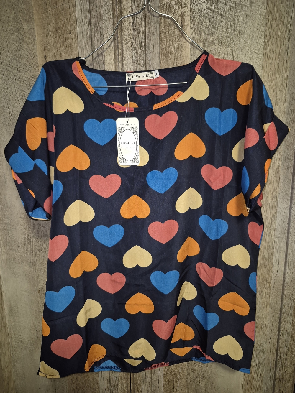 Liva Girl Navy Heart Print Short Sleeve Blouse